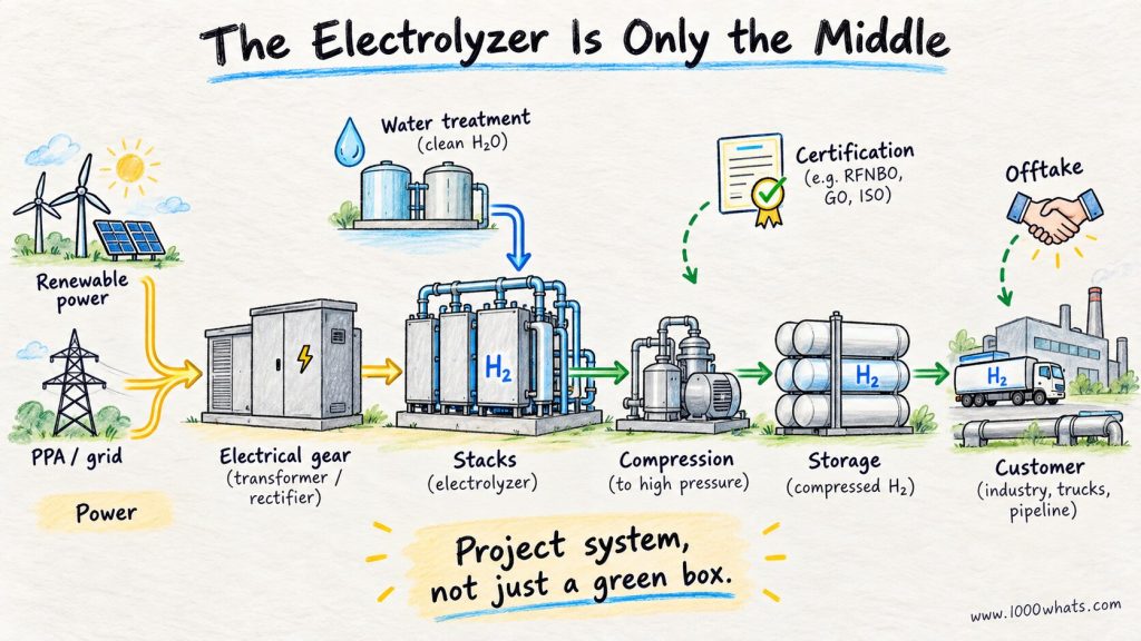 Electrolyzer project diagram showing power supply, water treatment, electrical equipment, stacks, compression, hydrogen storage, certification, and customers.