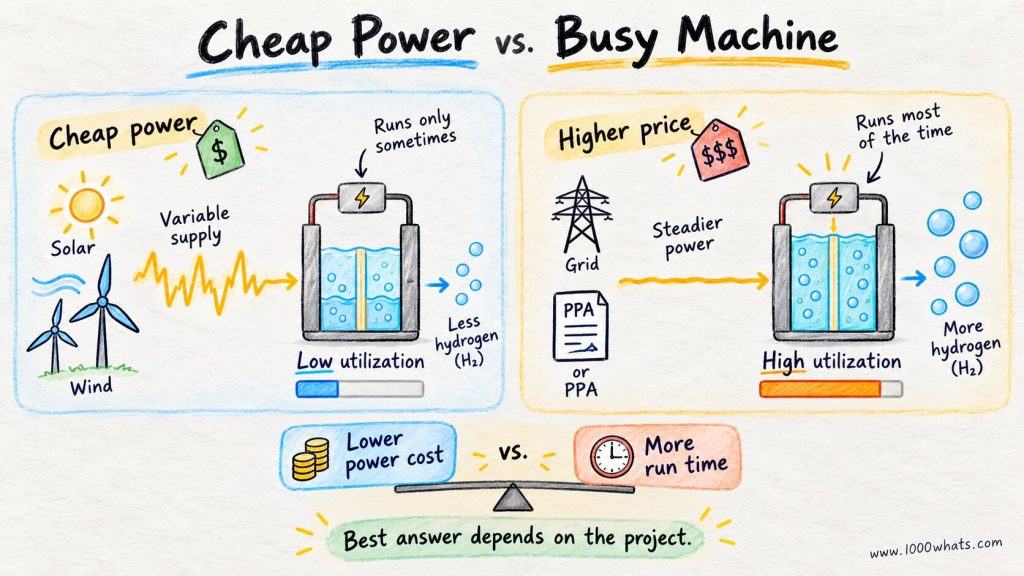 Electrolyzer comparison showing cheap intermittent renewable power with low utilization versus steadier higher-priced power with high utilization.