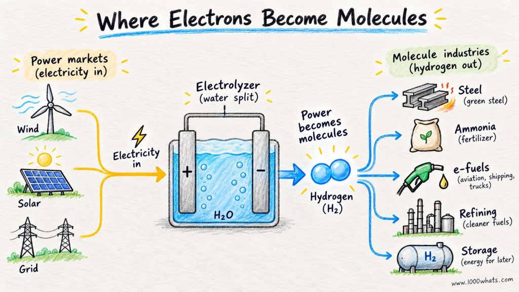 Electrolyzer diagram showing electricity from wind, solar, and the grid converted into hydrogen for steel, ammonia, e-fuels, refining, and storage.