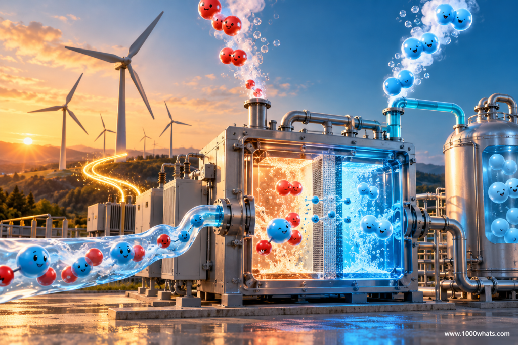 Electrolyzer featured image showing renewable electricity splitting water into hydrogen and oxygen inside an industrial electrolysis unit.