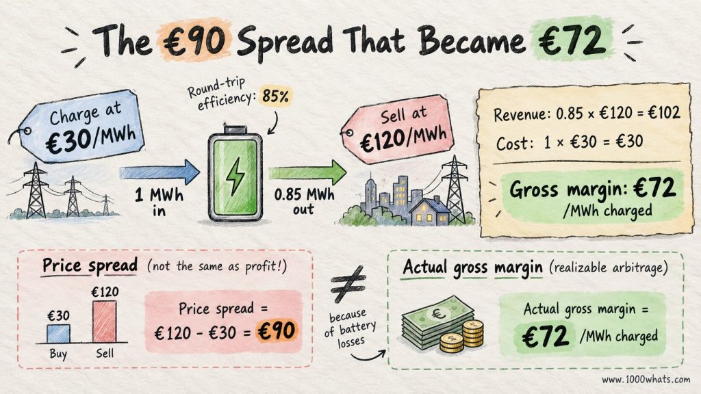 Energy arbitrage example showing a battery charging at €30/MWh, selling at €120/MWh, and earning a €72/MWh gross margin after 85% efficiency losses.