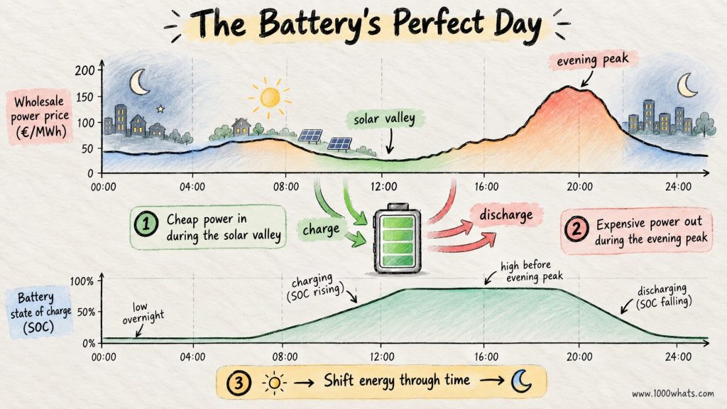 Energy arbitrage diagram showing a battery charging during a midday solar price valley and discharging during the evening price peak.
