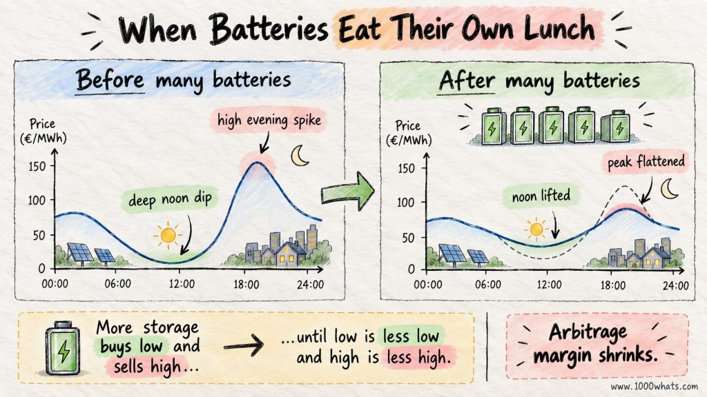 Energy arbitrage comparison showing how widespread battery storage raises low midday prices, lowers evening peaks, and reduces arbitrage margins.