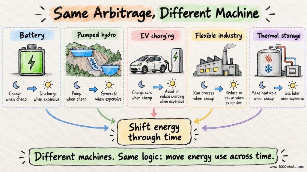 Energy arbitrage comparison using batteries, pumped hydro, EV charging, flexible industry, and thermal storage to shift energy across time.