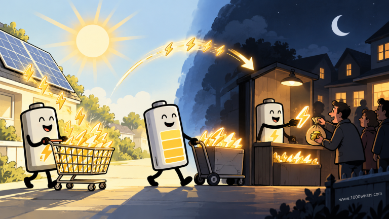 Energy arbitrage featured image showing batteries moving cheap daytime electricity toward a higher-value nighttime market.