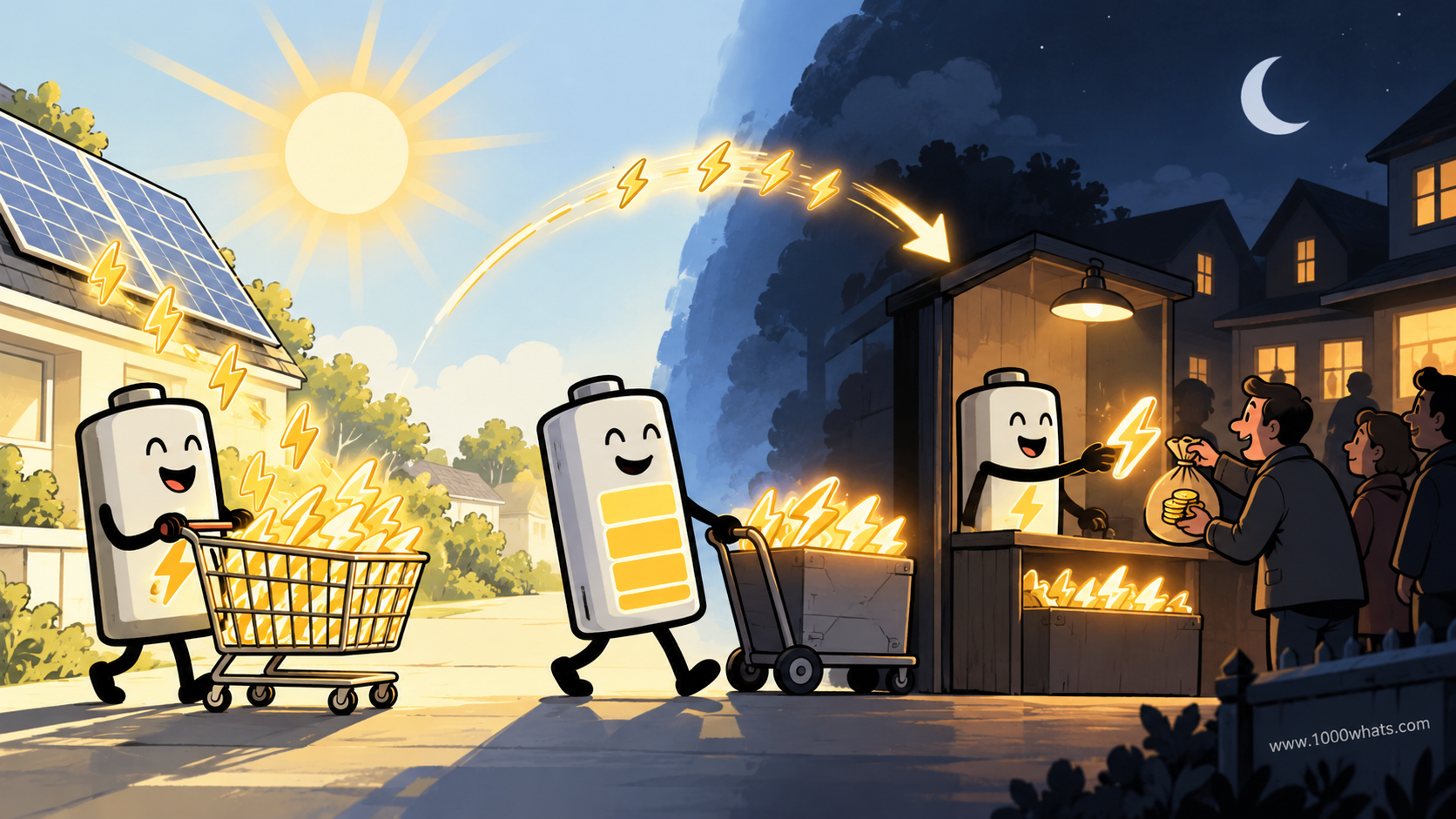 Energy arbitrage featured image showing batteries moving cheap daytime electricity toward a higher-value nighttime market.