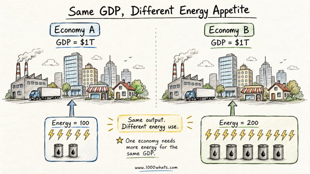 Hand-drawn energy intensity infographic comparing two $1 trillion economies, one using 100 energy units and the other 200 for the same economic output.