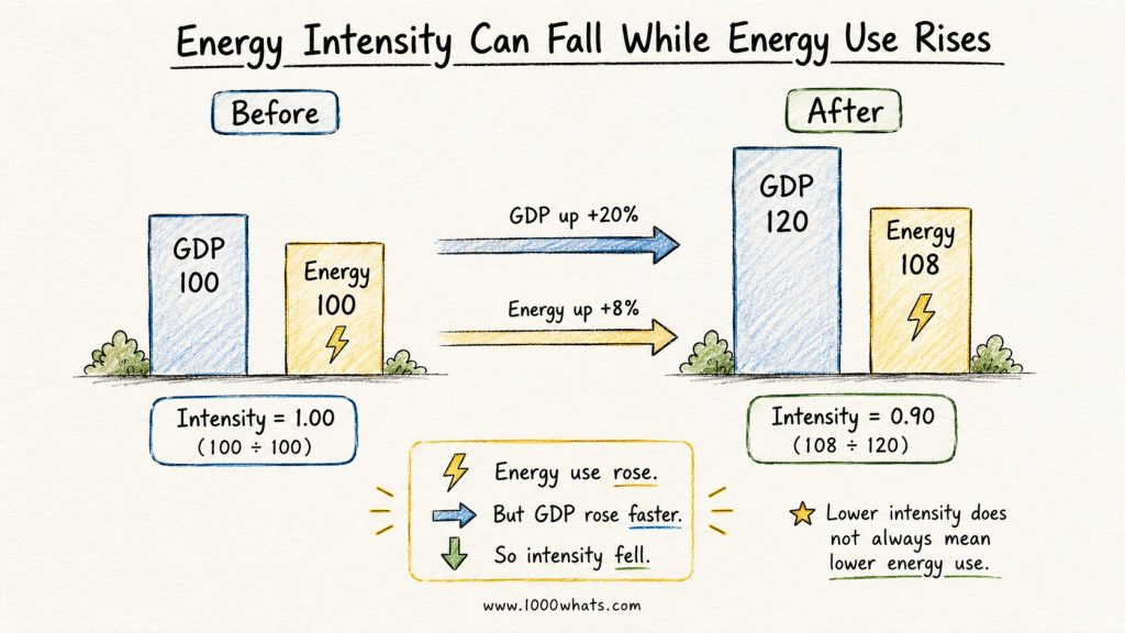 Hand-drawn energy intensity infographic showing GDP increasing from 100 to 120 and energy increasing from 100 to 108, causing intensity to fall from 1.00 to 0.90.