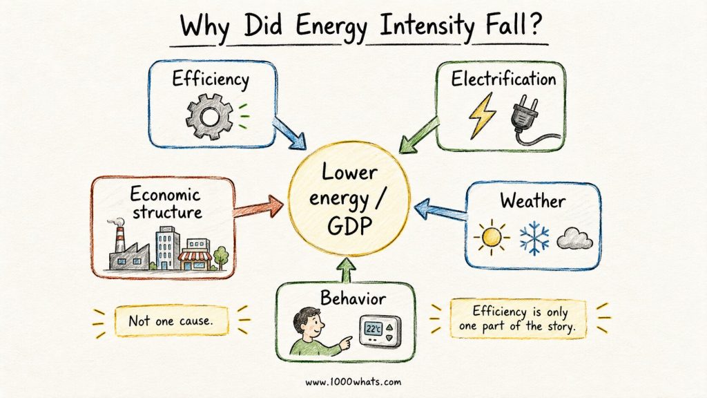 Hand-drawn energy intensity infographic showing efficiency, electrification, economic structure, weather, and behavior all contributing to lower energy use per GDP.
