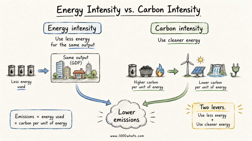 Hand-drawn comparison infographic showing energy intensity as using less energy for the same output and carbon intensity as using cleaner energy to reduce emissions.
