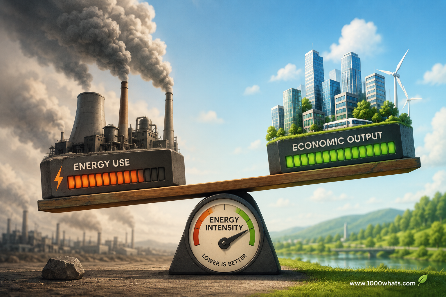 Featured image about energy intensity showing a seesaw with heavy industrial energy use on one side, economic output on the other, and a gauge indicating lower energy intensity is better.