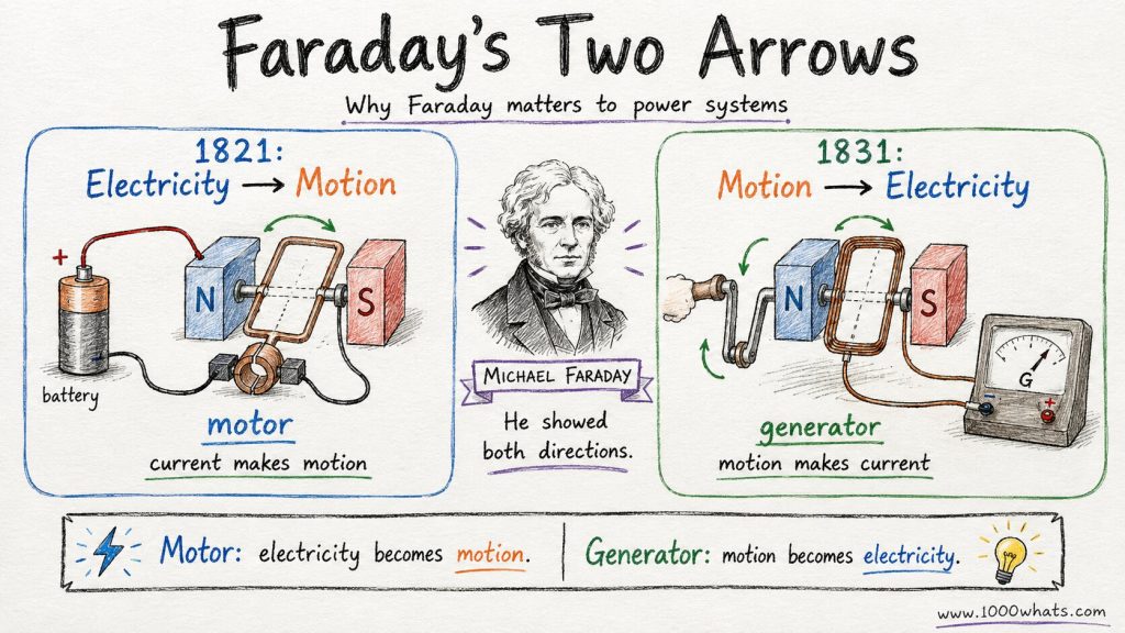 Hand-drawn diagram of Michael Faraday showing electricity to motion on the left and motion to electricity on the right, explaining motors and generators.
