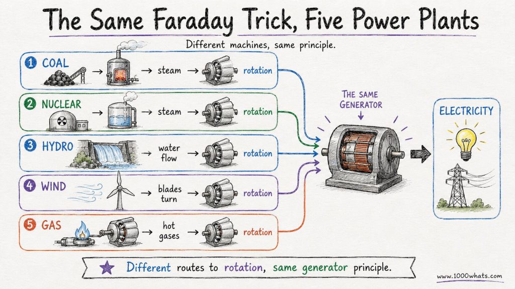 Hand-drawn infographic showing coal, nuclear, hydro, wind, and gas routes leading to rotation and the same generator, illustrating Michael Faraday’s shared principle.
