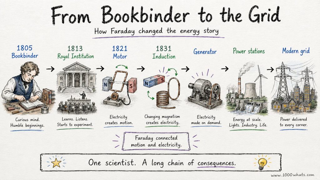 Hand-drawn timeline of Michael Faraday’s journey from bookbinder to inventor and pioneer of induction, leading to generators, power stations, and the modern grid.