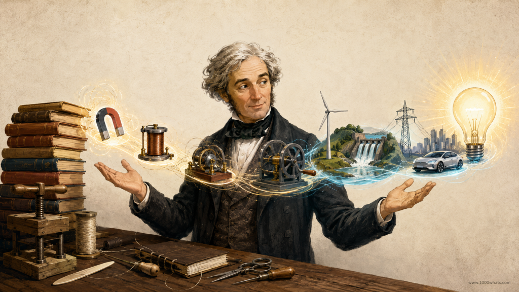 Featured image of Michael Faraday standing between books and early experiments on one side and modern electricity symbols like wind, hydro, EVs, and a glowing light bulb on the other.