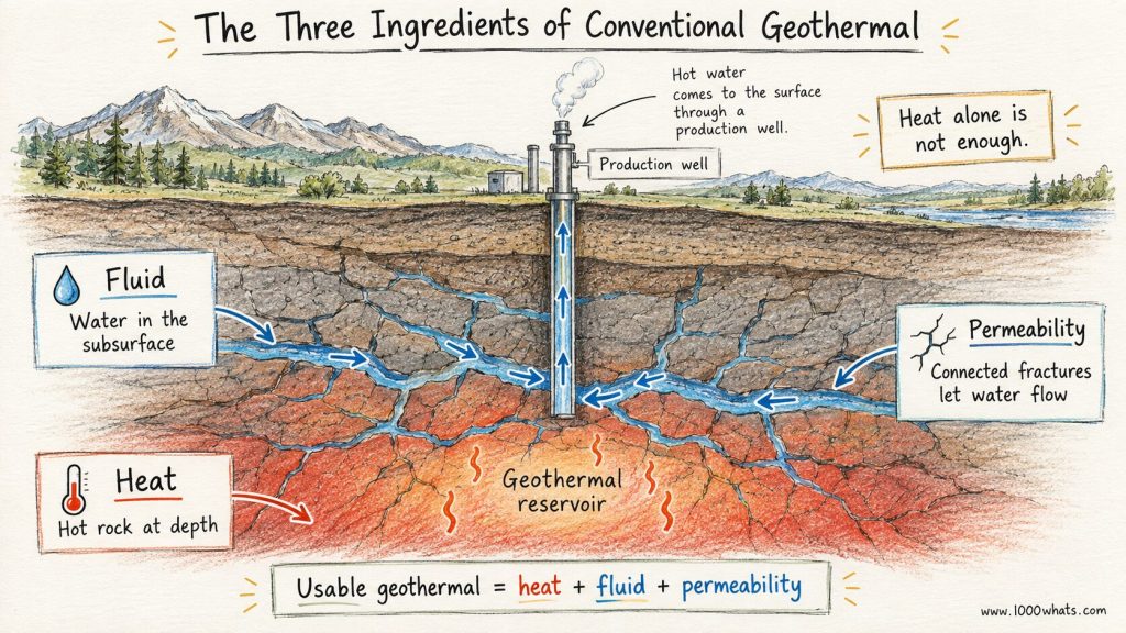 Diagram showing a geothermal reservoir with hot rock, underground water, connected fractures, and a production well bringing hot water to the surface.