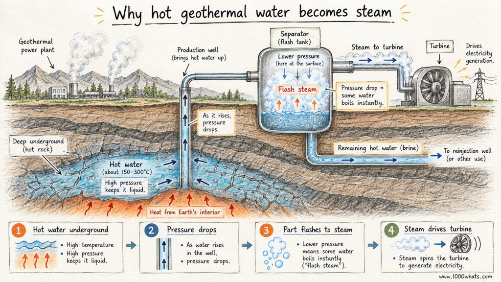 Cross-section of a geothermal power plant showing hot underground water rising, flashing into steam, spinning a turbine, and returning brine underground.