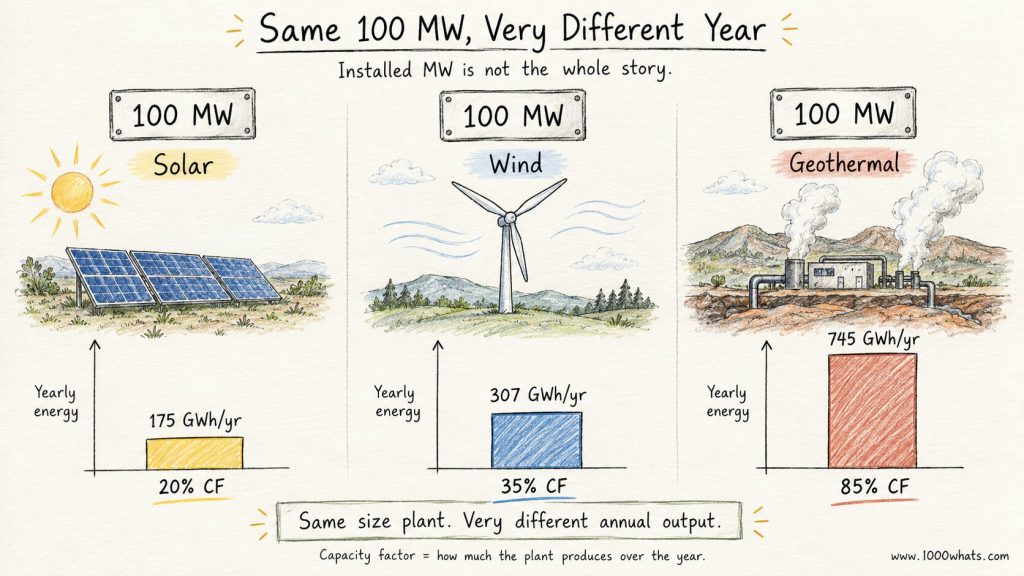 Diagram comparing 100 MW solar, wind, and geothermal plants with different capacity factors and annual energy output.
