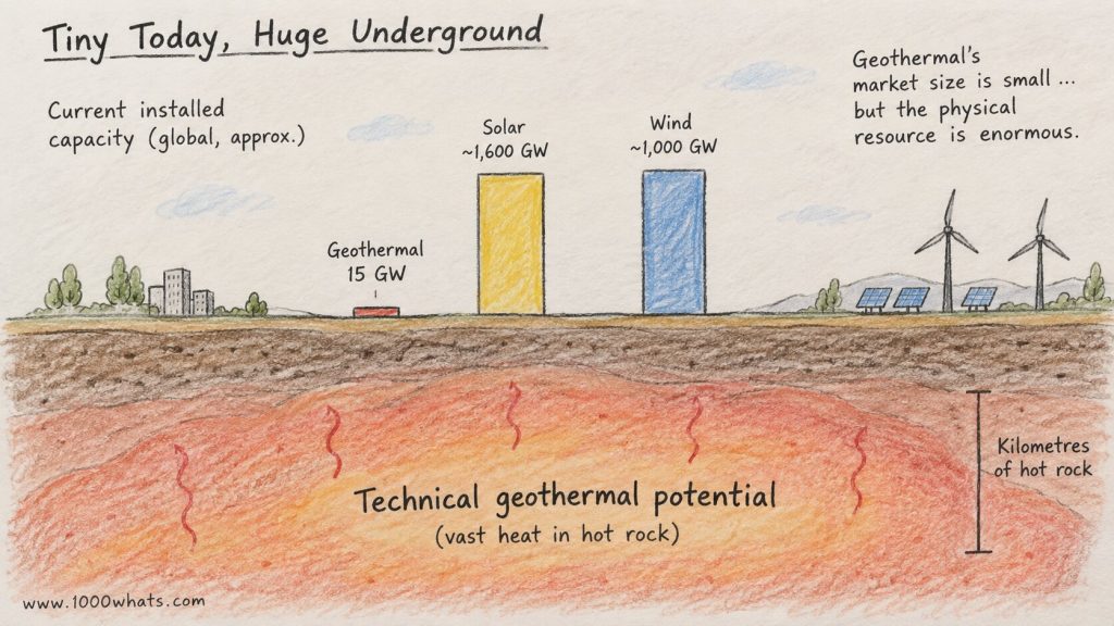 Illustration comparing small current geothermal capacity with much larger solar and wind capacity above ground and vast geothermal potential underground.