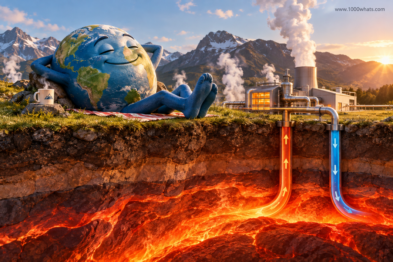 Illustration of Earth resting beside a geothermal power plant with wells carrying hot and cool water through underground heat.