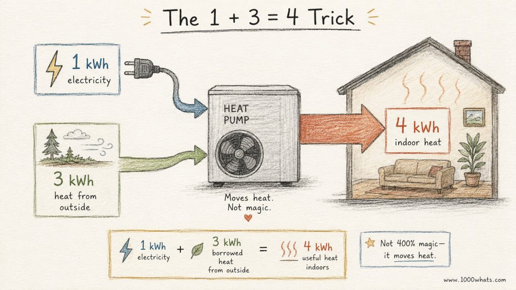 Hand-drawn diagram showing a heat pump using 1 kWh of electricity and 3 kWh of outdoor heat to deliver 4 kWh of indoor heat to a house.
