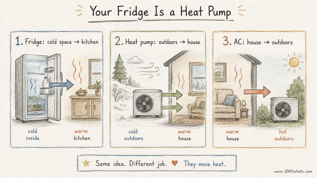Hand-drawn three-part infographic comparing a fridge, a heat pump, and an air conditioner, showing how each one moves heat from one place to another.