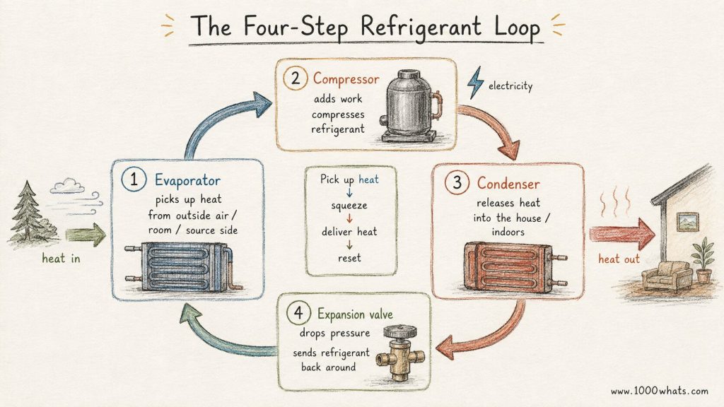 Hand-drawn diagram of the four-step heat pump refrigerant loop showing evaporator, compressor, condenser, and expansion valve connected in a cycle.