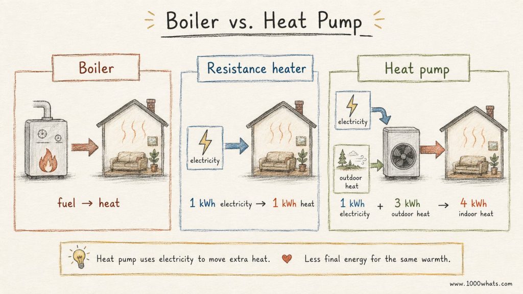 Hand-drawn comparison chart showing a boiler, a resistance heater, and a heat pump, highlighting that the heat pump moves outdoor heat to provide more indoor heat.