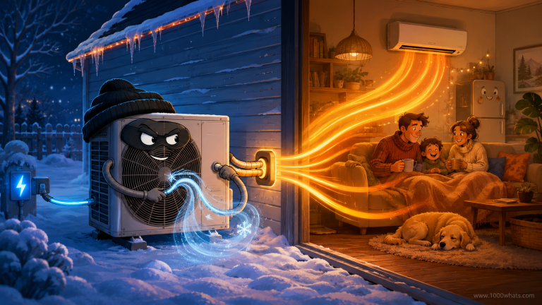 Illustrated winter scene showing a heat pump outside in the snow sending warm glowing heat into a cozy home where a family sits indoors.