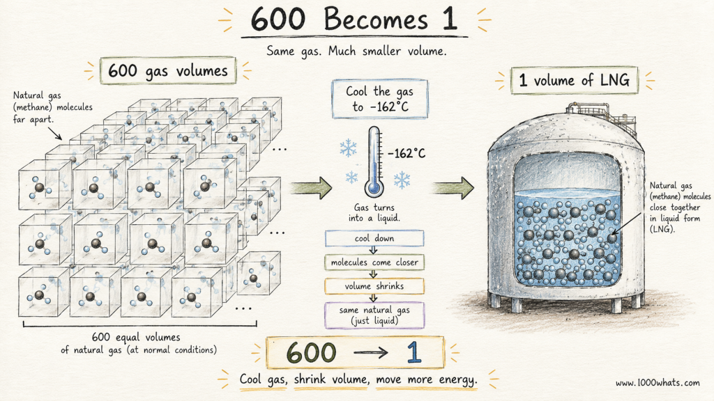 Diagram showing 600 volumes of natural gas shrinking into 1 volume of LNG when cooled to -162°C.