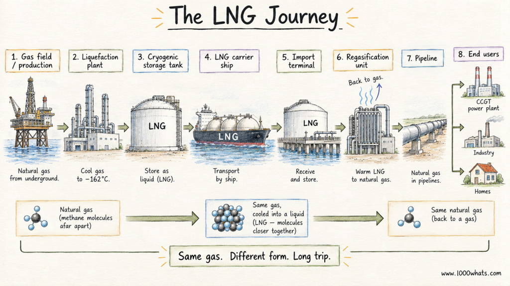 Diagram showing the LNG journey from gas production and liquefaction to shipping, regasification, pipelines, and end users.