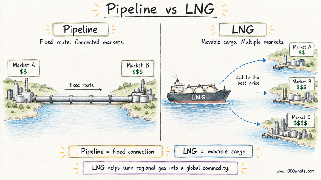 Diagram comparing pipeline gas with LNG, showing a fixed pipeline route and an LNG ship able to sail to multiple markets.