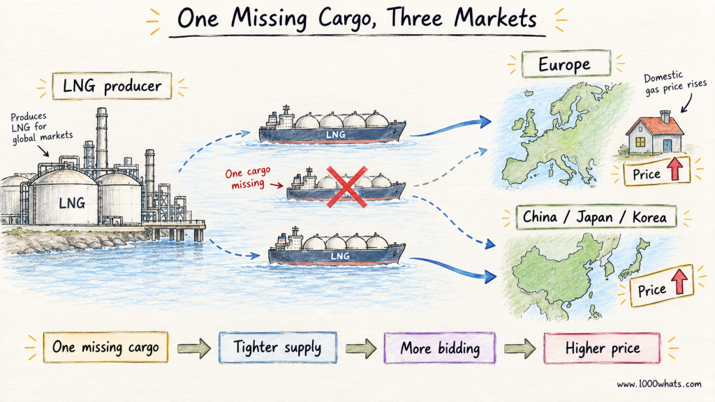 Diagram showing one missing LNG cargo leading to tighter supply, more bidding, and higher prices in Europe and Asia.