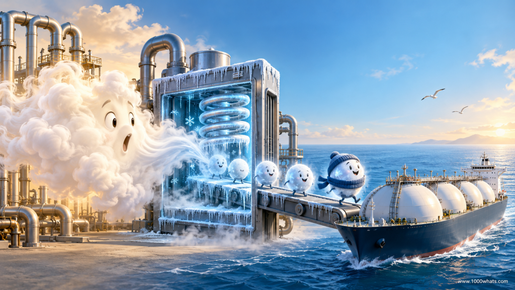 Featured image showing natural gas being cooled into LNG and transported by an LNG carrier across the sea.