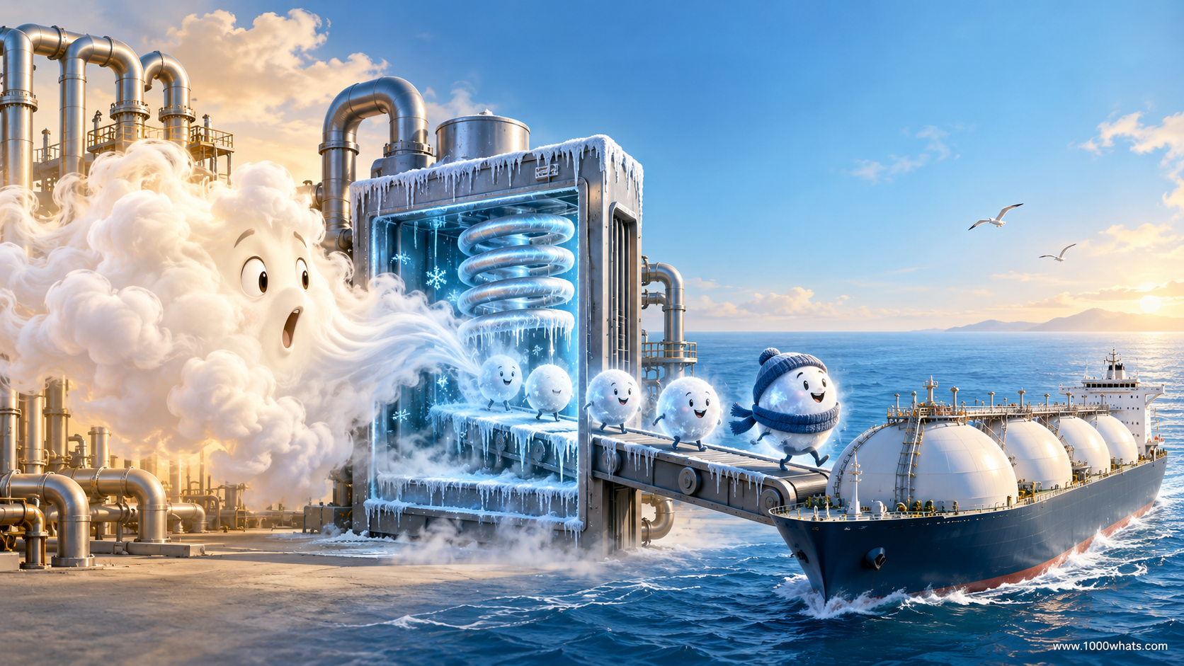 Featured image showing natural gas being cooled into LNG and transported by an LNG carrier across the sea.