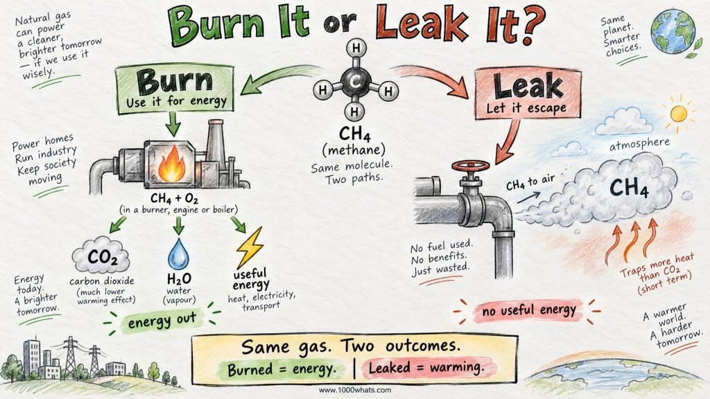 Diagram comparing methane burned for useful energy with methane leakage releasing CH₄ directly into the atmosphere.