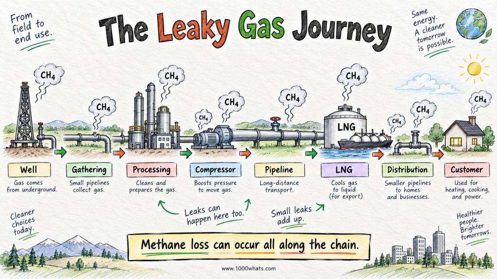 Natural gas supply chain showing possible methane leakage from wells, gathering systems, processing plants, compressors, pipelines, LNG facilities and distribution networks.