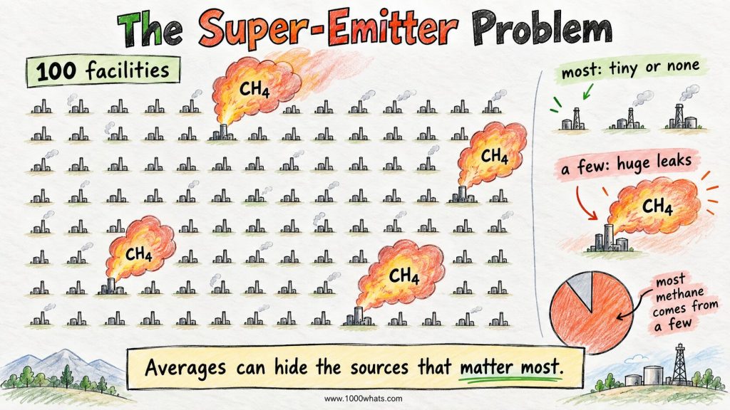 Diagram of 100 facilities showing a few very large methane leaks among many sites with little or no methane leakage.
