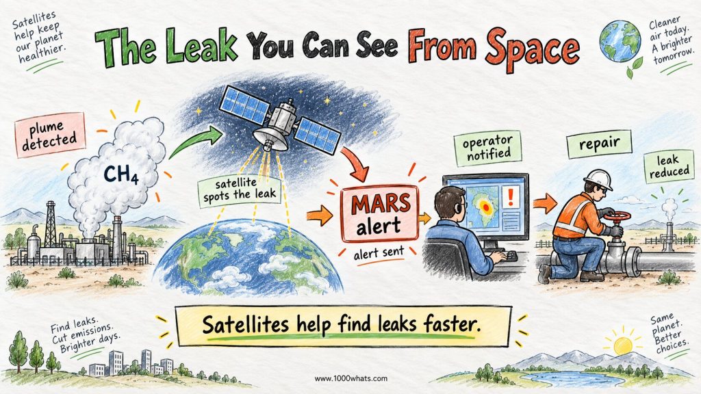 Diagram showing a satellite detecting methane leakage, sending an alert to an operator and leading to repair of the leaking gas facility.