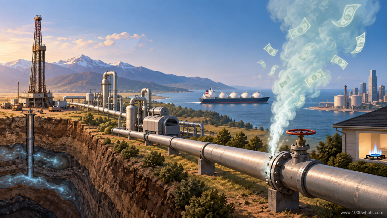 Natural gas infrastructure with a pipeline methane leak, LNG ship and gas production facilities illustrating methane leakage across the gas supply chain.