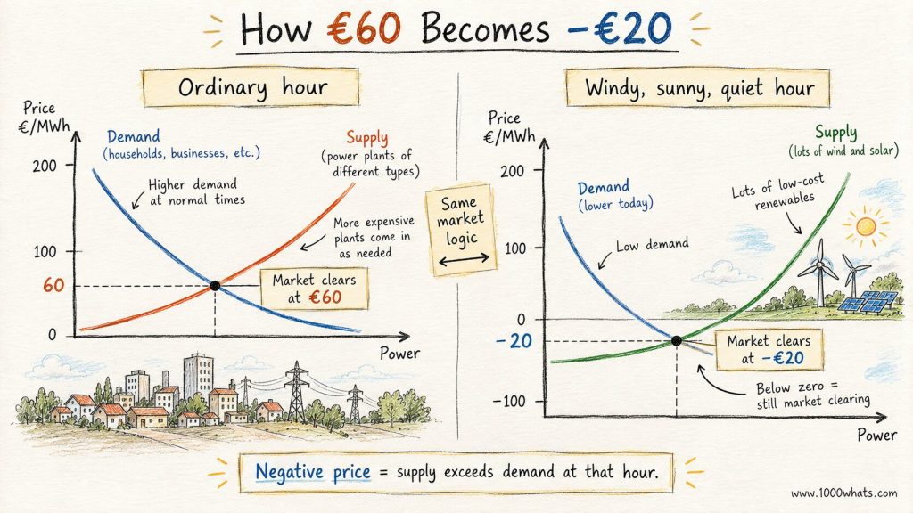 Negative electricity prices diagram comparing a normal €60/MWh market-clearing price with a −€20/MWh price during high renewable supply and low demand.