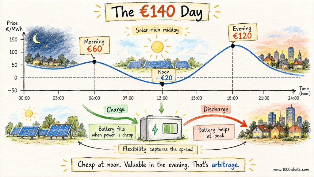 Negative electricity prices daily curve showing €60 morning power, −€20 solar noon prices, €120 evening prices, and battery charging and discharging.