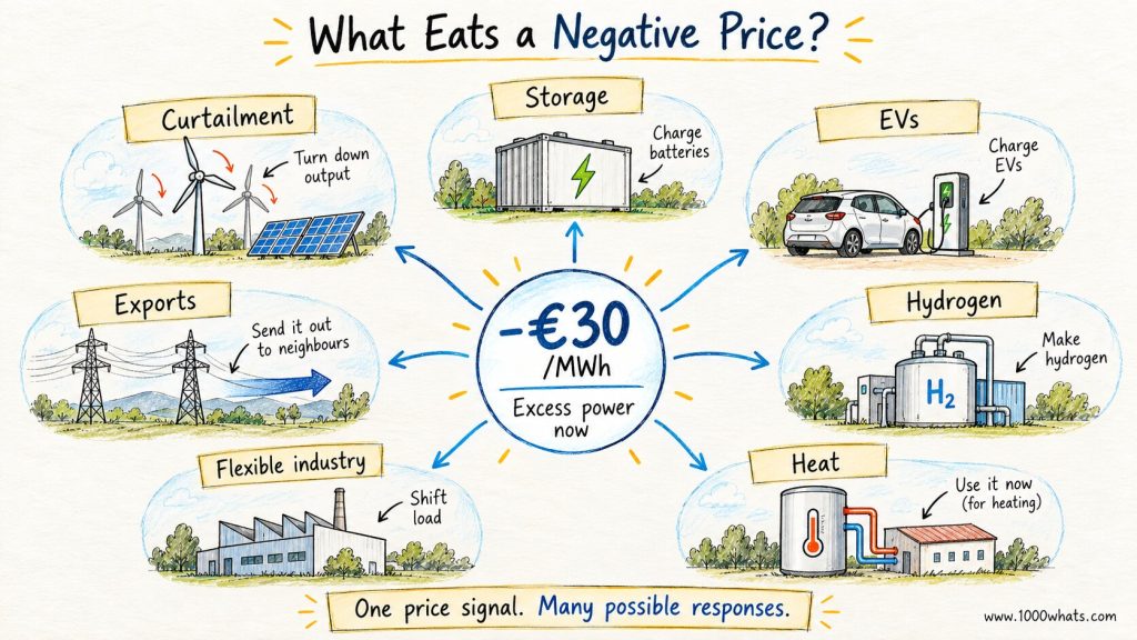 Negative electricity prices diagram showing storage, EV charging, hydrogen, heat, flexible industry, exports, and curtailment responding to −€30/MWh power.