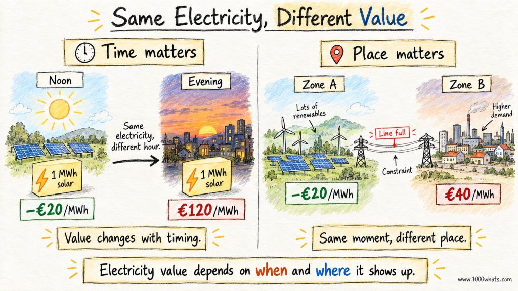 Negative electricity prices illustration showing electricity worth −€20/MWh at solar noon or in a constrained renewable zone and more elsewhere or later.