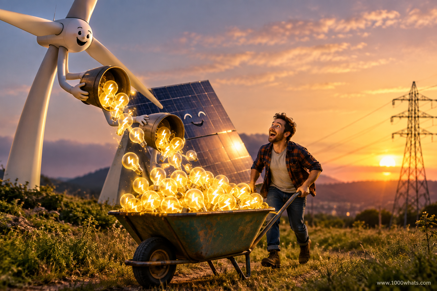 Negative electricity prices featured image with wind and solar generators pouring excess electricity into a wheelbarrow beside the power grid.
