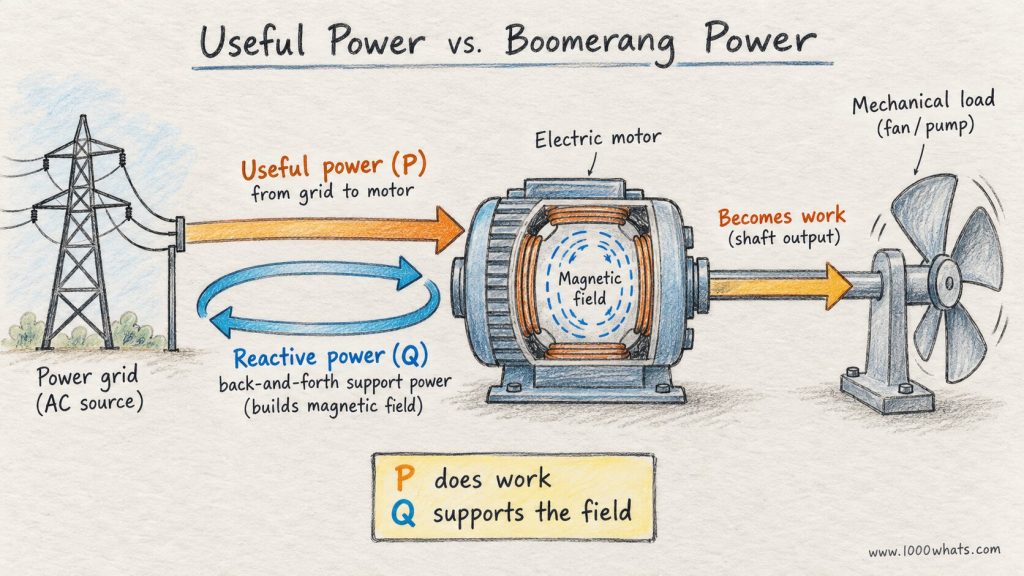 Diagram of an electric motor showing active power producing shaft work while reactive power flows back and forth to support the magnetic field.