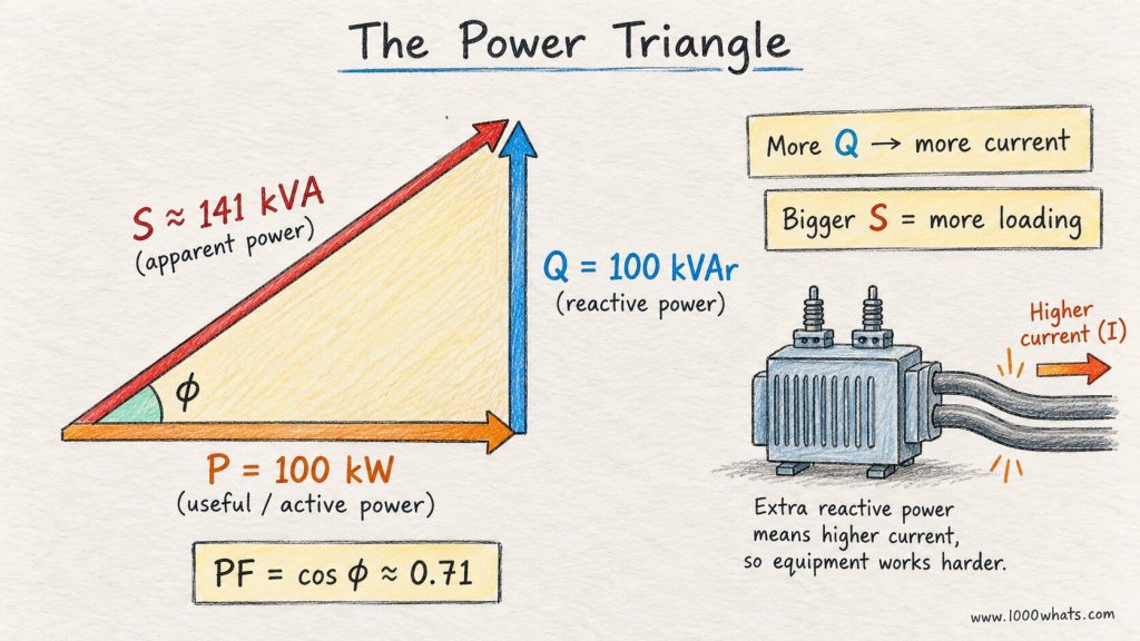 Power triangle showing 100 kW active power, 100 kVAr reactive power, 141 kVA apparent power and a power factor of about 0.71.