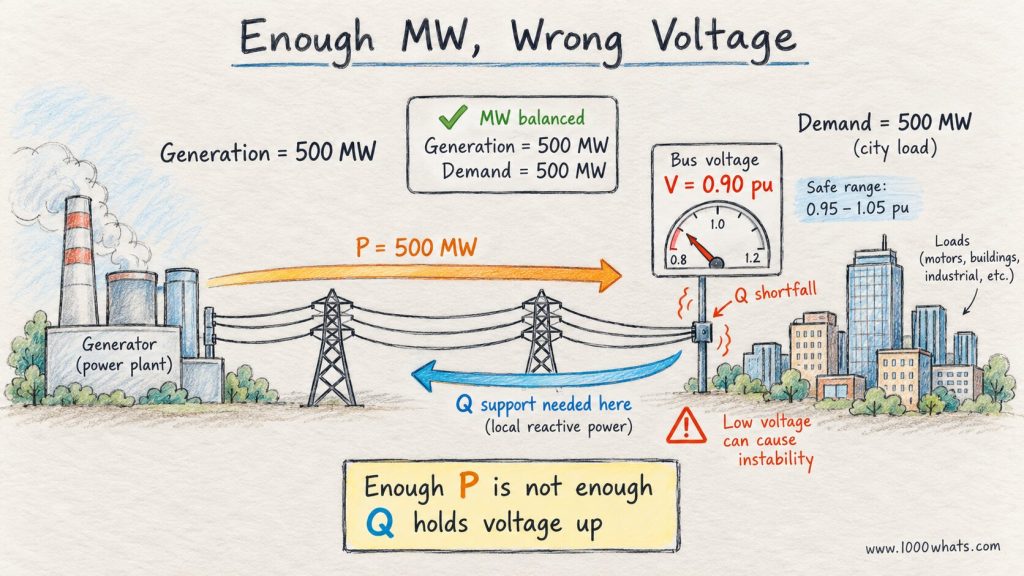 Power grid with generation and demand both at 500 MW but low local voltage caused by insufficient reactive power support.
