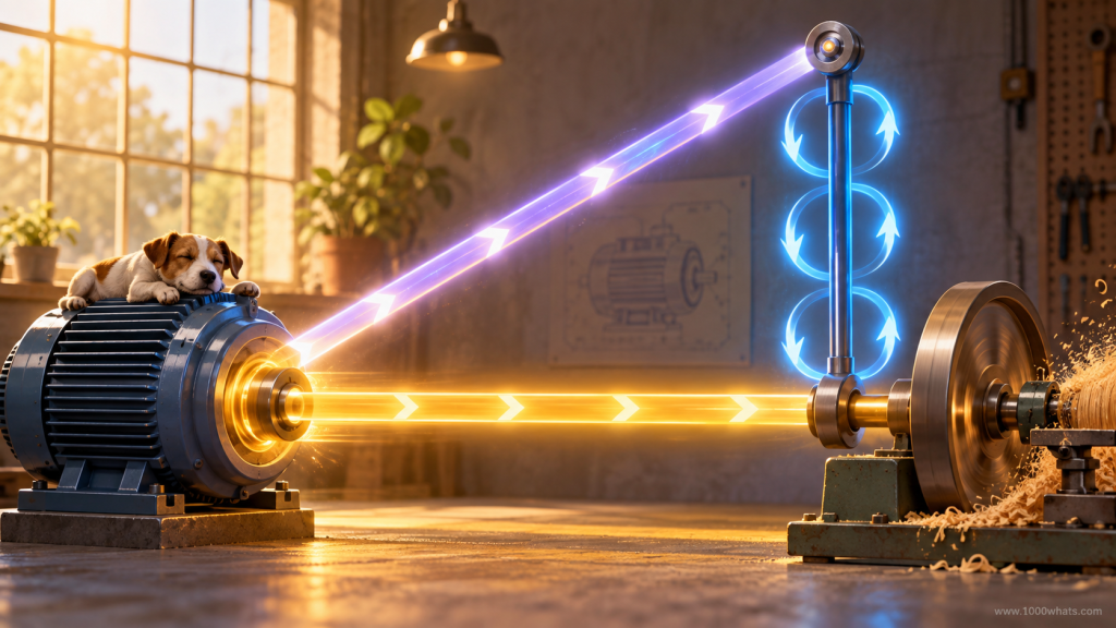 Electric motor driving a mechanical load with glowing energy flow and blue loops illustrating reactive power supporting the motor’s magnetic field.