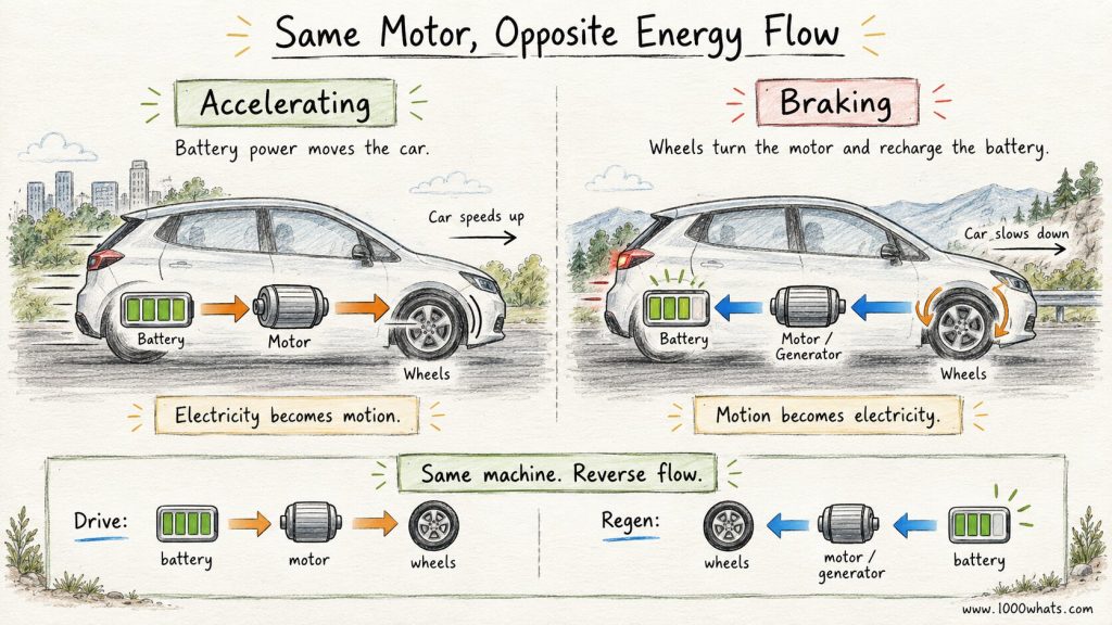 Diagram comparing EV acceleration and regenerative braking, showing battery-to-motor-to-wheels energy flow in drive mode and wheels-to-motor-to-battery flow during braking.
